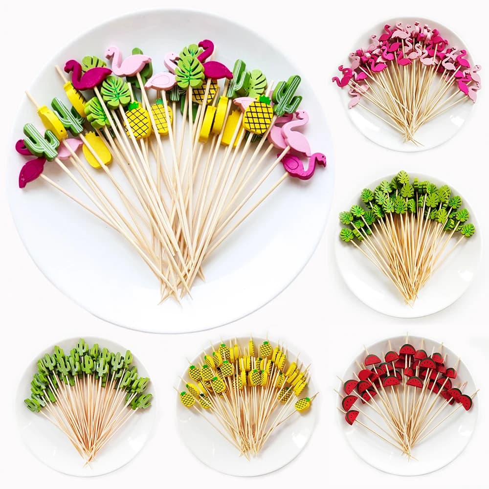 Palillos de bambú para cócteles, 100/50 unidades, para ensaladas, postres, tenedores desechables, buffet, frutas, fiestas de cumpleaños, bodas