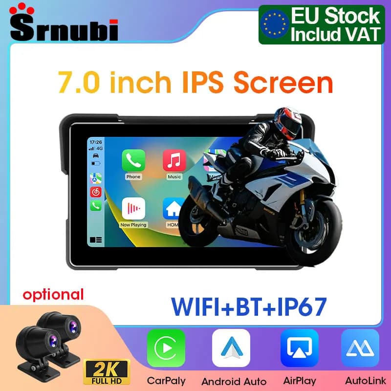 Srnubi Monitor de Navegación GPS para Motocicleta con Pantalla de 7 Pulgadas, Portátil, Impermeable, Inalámbrico, con Carplay y Android Auto, DVR