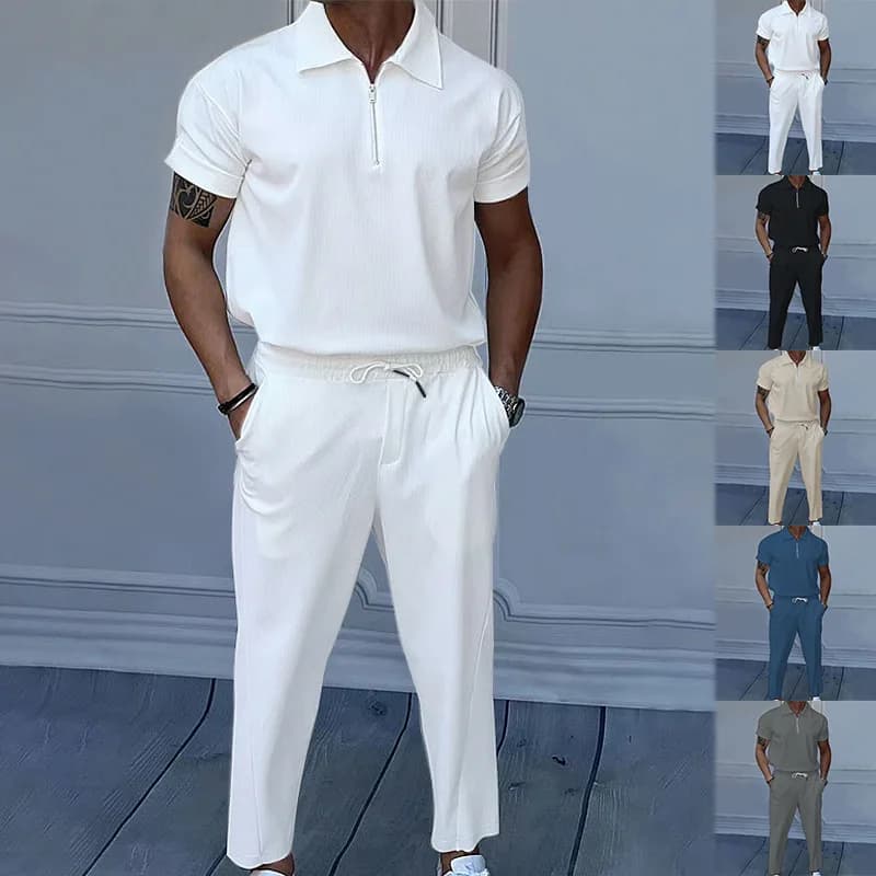 Novedad de verano, traje de color sólido para hombres europeos y americanos, traje de pantalón con cremallera y manga corta con solapa