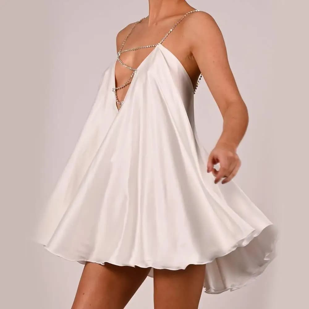 Vestido corto informal con tirantes y cadena para mujer, traje de Color liso con cuello en V, corte en A, para fiesta, Club, calle, S-XL