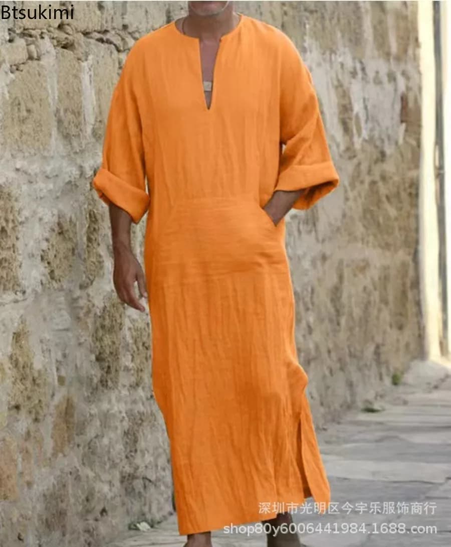 2026New hombres largo Lino Jubba Thobe Kaftan musulmán árabe islámico cuello en V manga larga sólido algodón Lino bata musulmán Arabia hombre