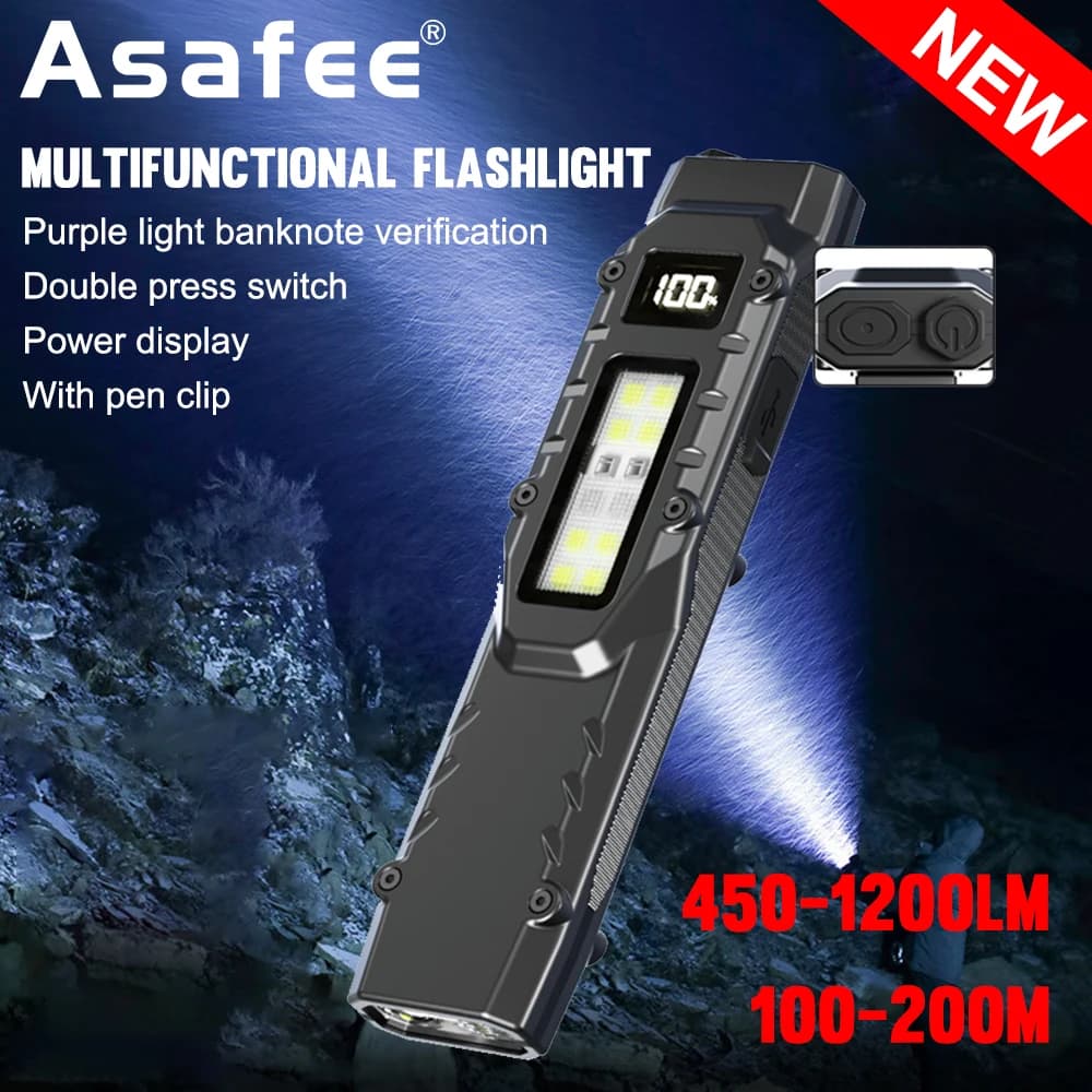 Asafee V007 linterna táctica portátil 1200LM Ultra doble cola interruptor antorcha reflector lateral recargable lámpara de senderismo al aire libre