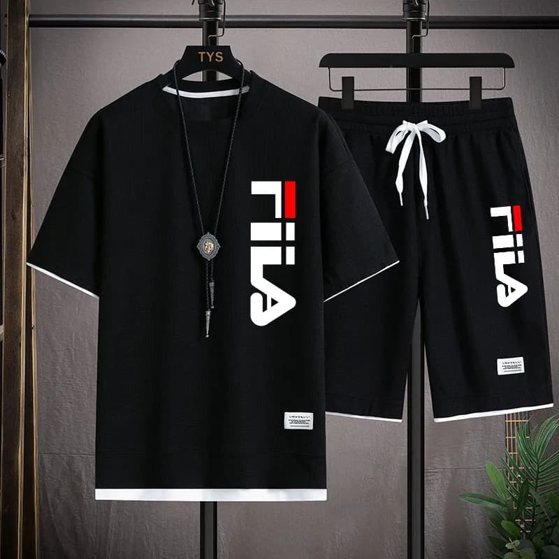 Conjunto de Dos Piezas de Camiseta de Manga Corta Holgada y Pantalones para Verano, Traje Deportivo Transpirable para Hombre con Estampado Moderno