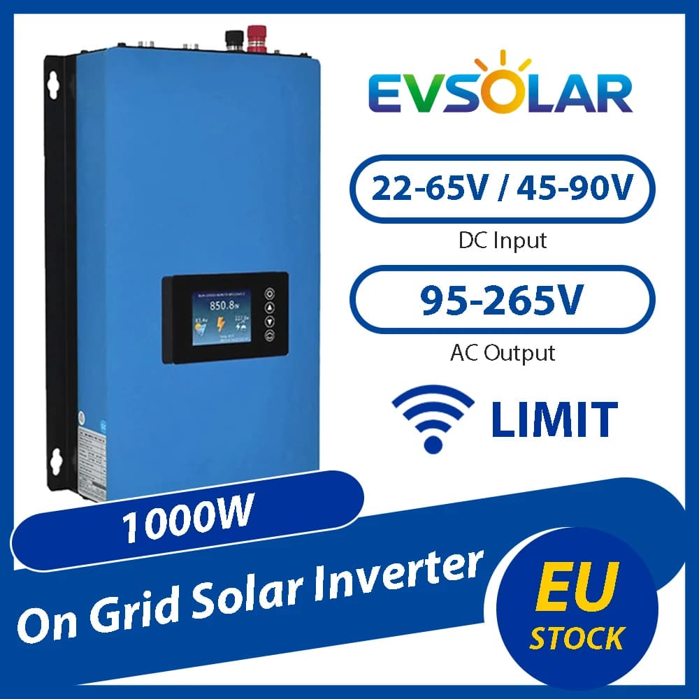 Inversor Solar EVSOLAR de 1000W para Conexión a Red, Entrada CC 22-65V / 45-90V, Salida CA con Cambio Automático 110V o 220V, Panel Solar o