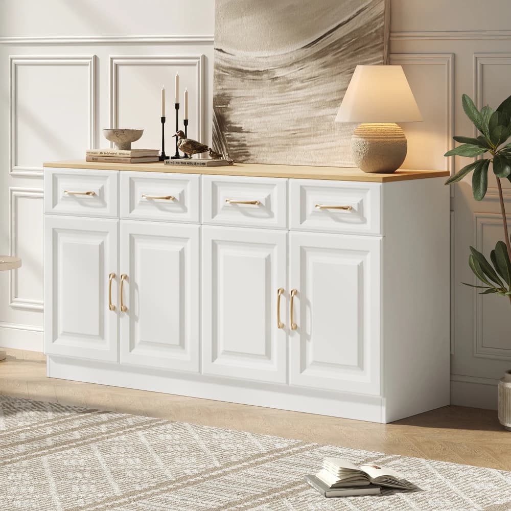 Aparador de Madera Estilo Rústico Moderno de 140 cm, Mueble Buffet, Barra de Café, Mueble de Almacenamiento con 4 Cajones y 4 Puertas Corredizas,