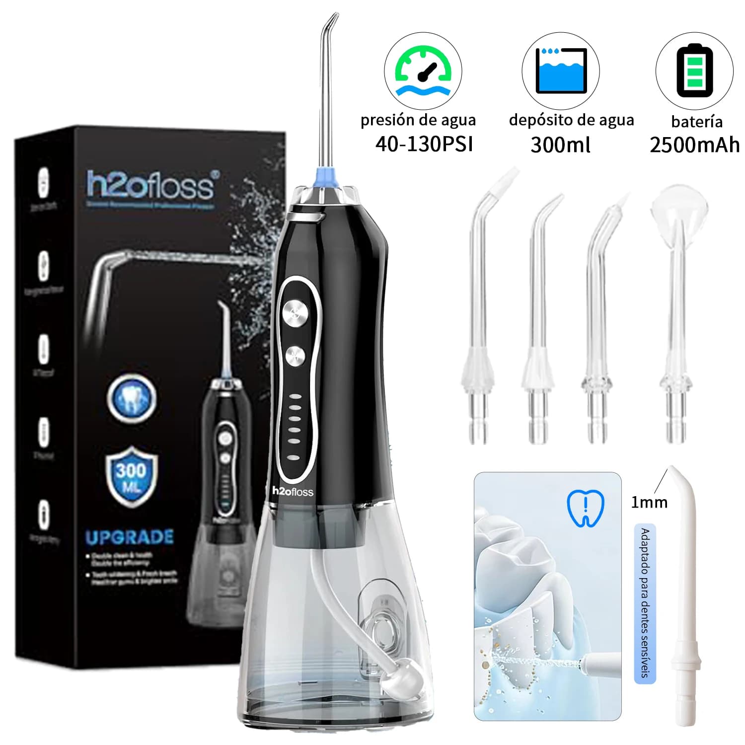 H2ofloss Water Flosser Inalámbrico 140 PSI, 5 Modos, 5 Boquillas, Depósito de 300 ml, Batería Recargable USB de 2500 mAh, Irrigador Oral Portátil