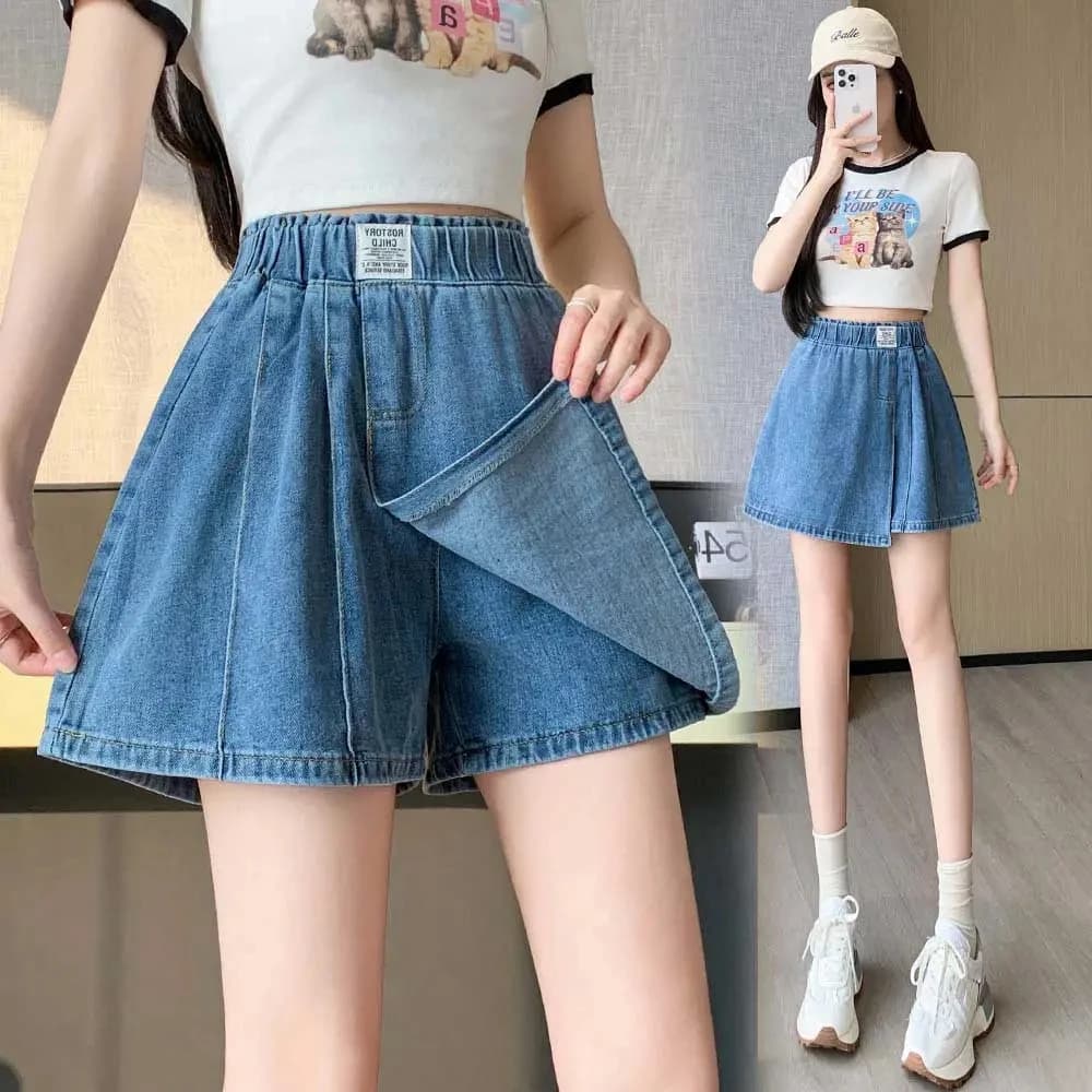 Pantalones cortos de mezclilla con cintura elástica y efecto de dos piezas para mujer, novedad de verano 2026, pantalones casuales sueltos de cintura