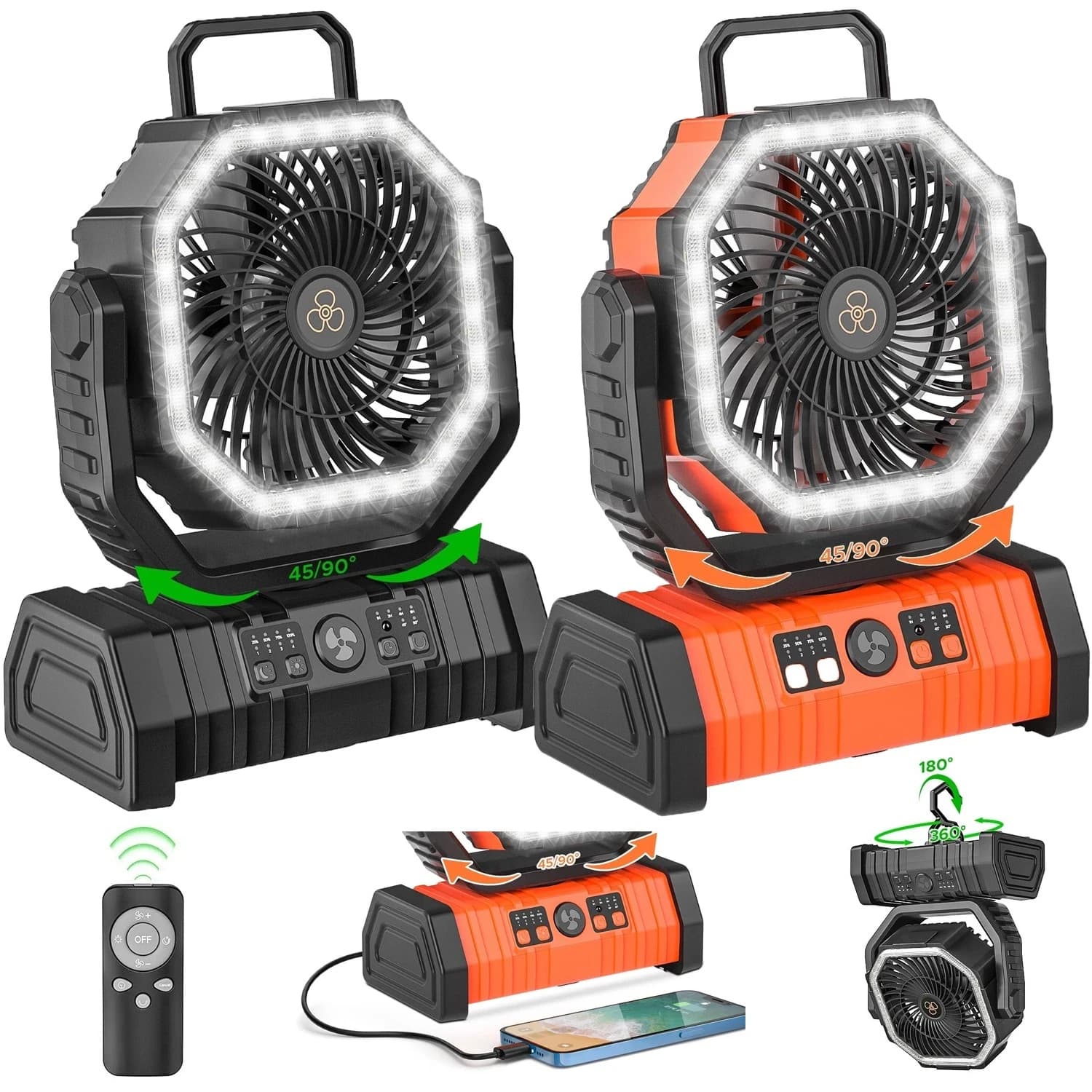 Ventilador de Camping XIAOTREE, Ventilador Recargable con Batería de 20000 mAh, con Luz LED, Ventilador Portátil para Tiendas de Campaña con Gancho