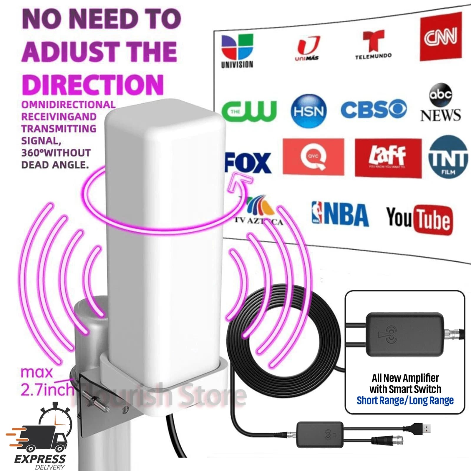 Antena de TV HDTV de 6000 Millas, 1080P, Exterior, HD 8K, Digital, 360° °   Amplificador de Señal con Cable de 32.8 pies y 35DBI, IP66