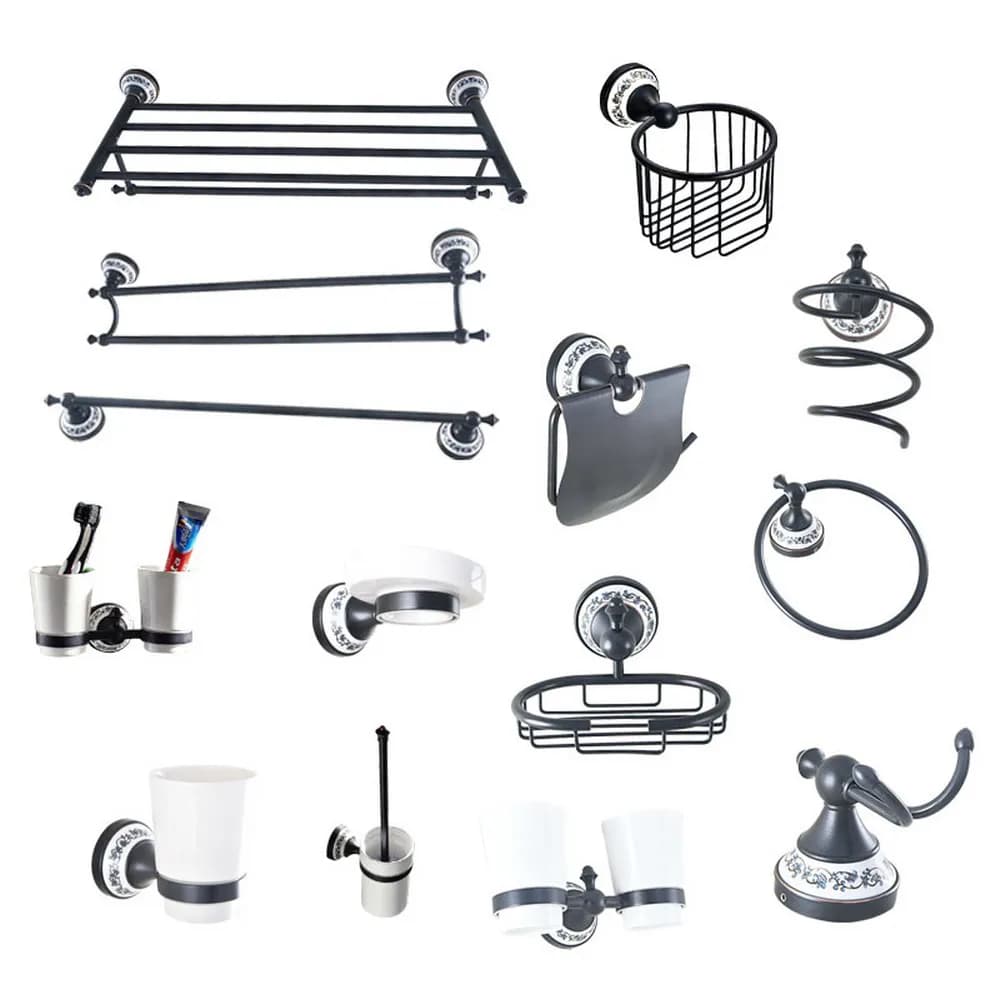 Base de flor de cerámica de latón negro, conjunto de accesorios de baño, accesorios de baño, toallero, jabonera, soporte de papel higiénico,