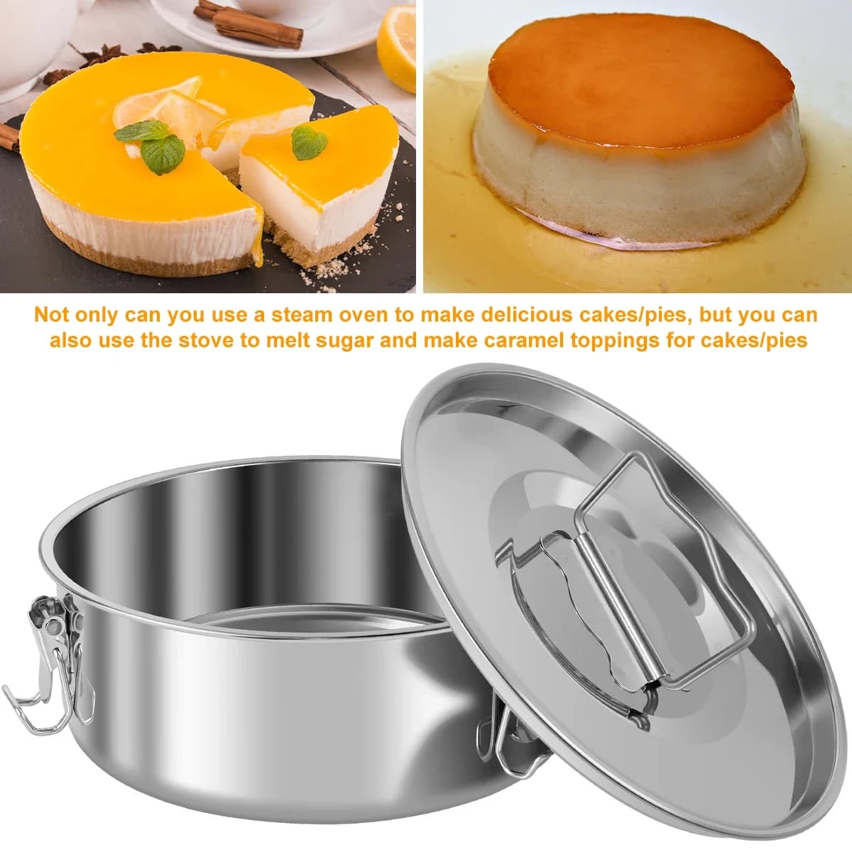 Sartén redonda de acero inoxidable para hornear pasteles, juego de moldes de Flan 1.5QT, sartenes para pastel de queso para Chocolate, suministros de