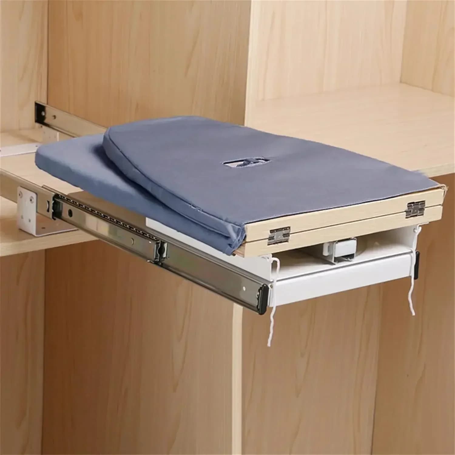 180 °   Tabla de planchar extensible y plegable, tamaño mediano, cajón de gabinete en armario, almacenamiento, cubierta de tela extraíble, gris