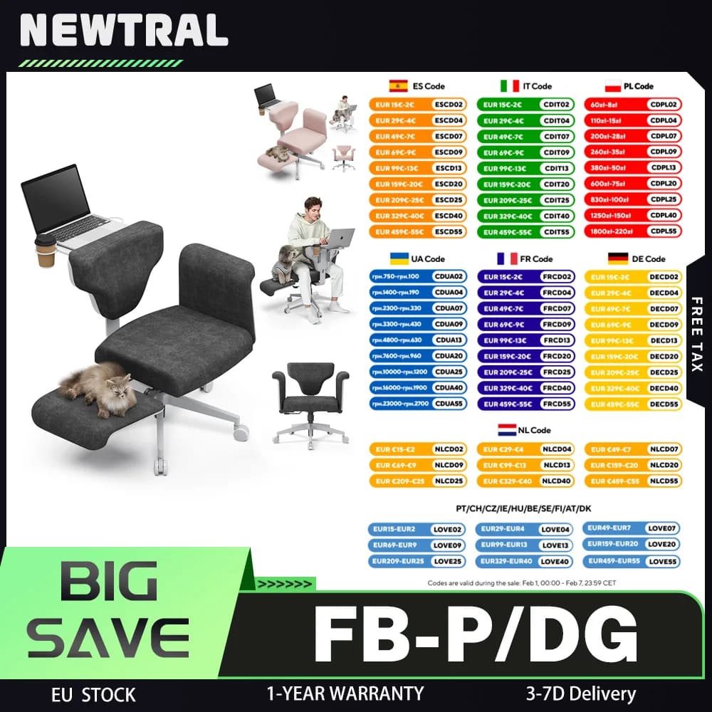 Silla Multi-Posición NEWTRAL FB-DG Freedom-X con Reposabrazos, Bandeja para Portátil y Portavasos Oculto, Reposabrazos Ajustables en 8 Niveles,