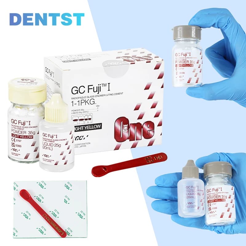 Cemento de Ionómero de Vidrio GC Fuji I, 35g de Polvo, 25g de Líquido, Radiopaco, Amarillo Claro, Cemento de Fijación para Coronas y Puentes