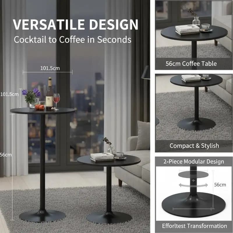Mesa de cóctel de 101,5 cm que se convierte en mesa de centro de 56 cm, mesa de bistró redonda de 2 piezas en elegante color negro con recubrimiento