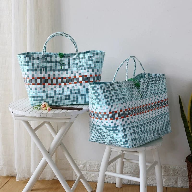 Hylhexyr, bolso de compras para mujer, cesta de almacenamiento tejida de vid de imitación, bolsas de mano de plástico para tejido de verduras, bolso
