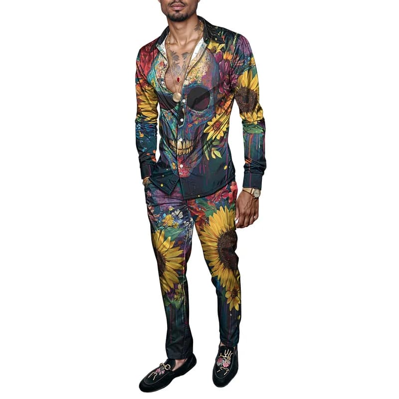 Primavera otoño calavera flores estampado 3D hombres Harajuku ropa trajes chándal camisa de manga larga pantalones largos conjuntos de dos piezas