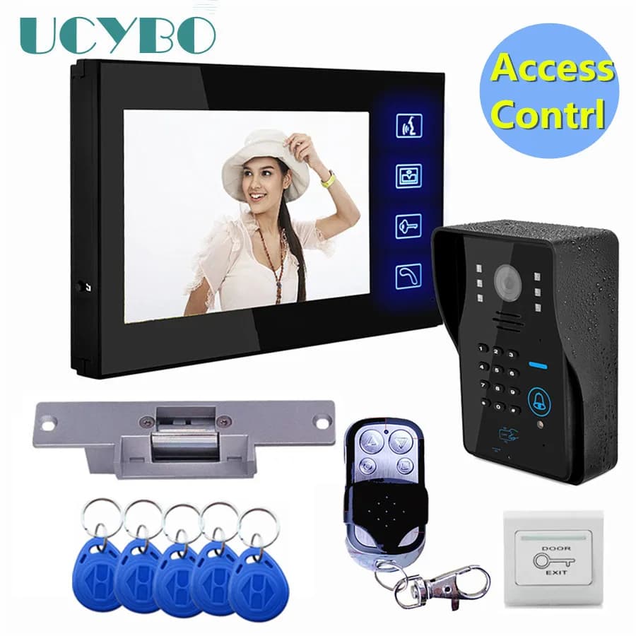 Sistema de intercomunicación de vídeo Lcd de 7 pulgadas, kit de control de acceso de puerta RFID, cámara, cerradura de golpe eléctrica, control