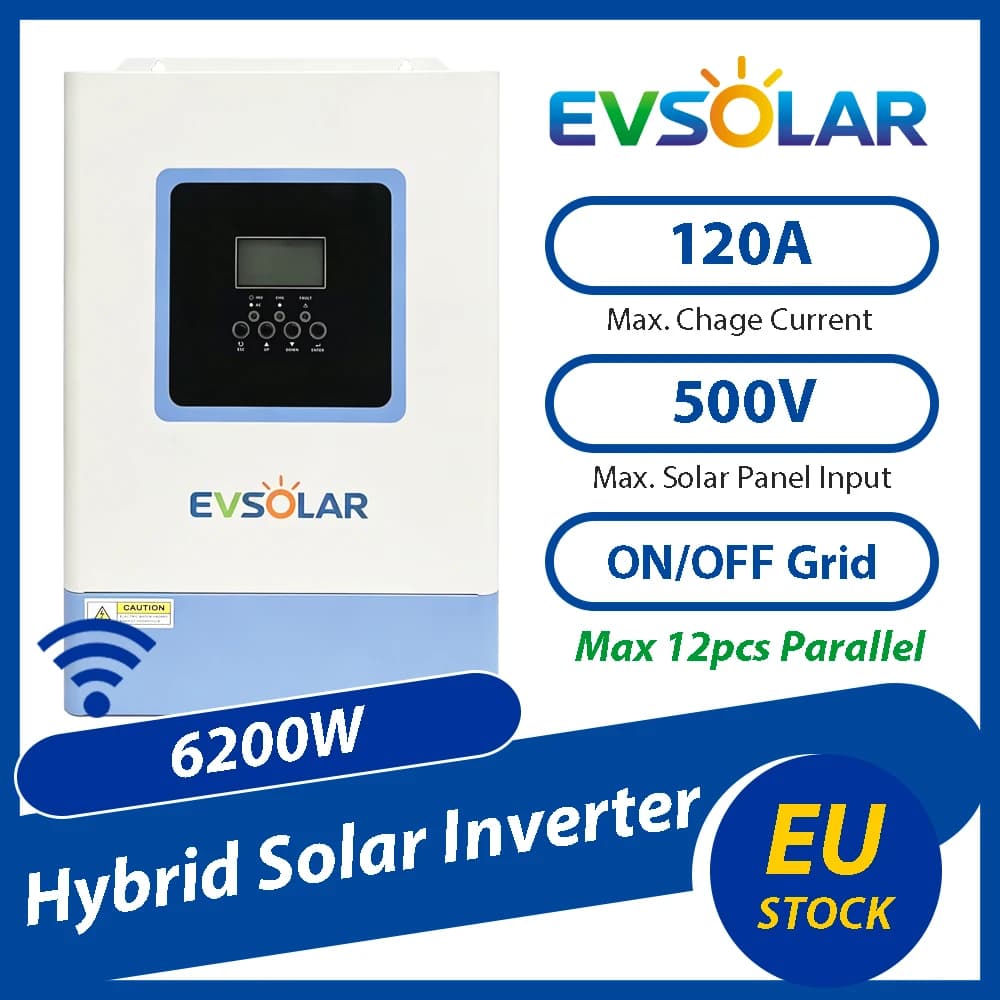 Inversor Solar Híbrido EVSOLAR de 6200W, Controlador MPPT de 120A, Cargador AC de 80A, Onda Sinusoidal Pura, Conexión a Red/Fuera de Red, 48V DC a