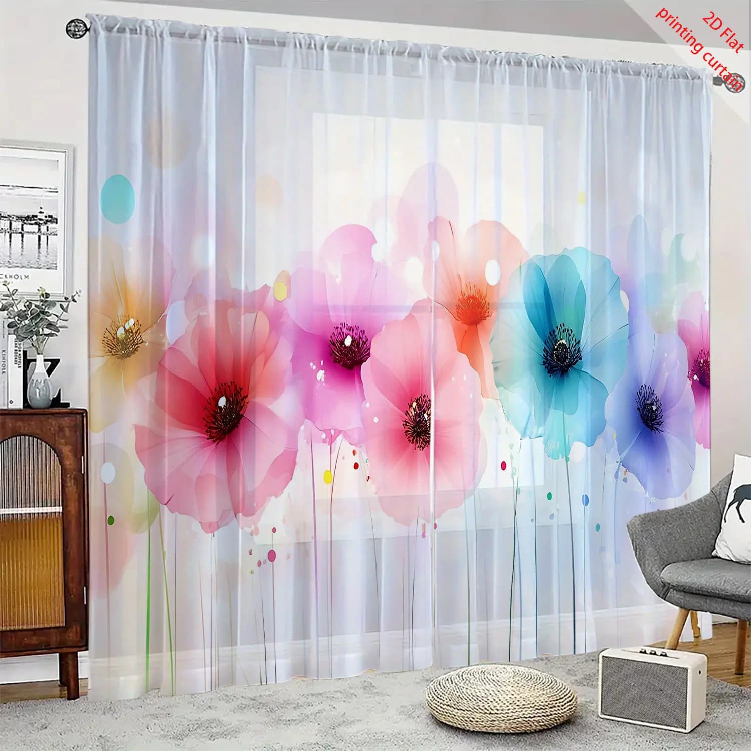 Cortina de gasa transparente con estampado de flores en 2D, hermosa decoración del hogar, dormitorio, sala de estar, cocina, decoración de balcón