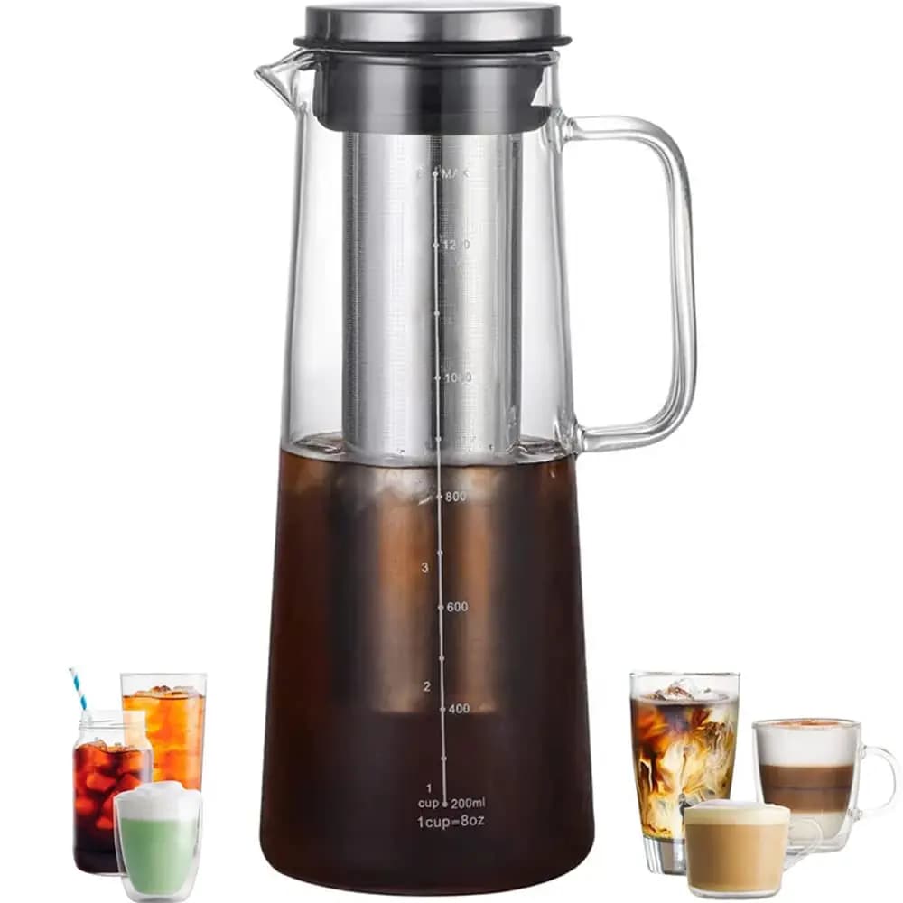 Leeseph Cafetera helada hermética para preparar en frío y infusor de té - Jarra de vidrio de 1,0 L / 34 oz con filtro extraíble de acero
