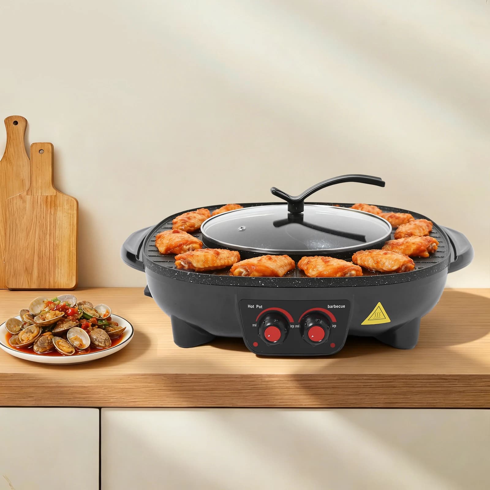 2100W Elektrisch barbacoa Hotpot Ofengrill Rauchfreier Hotpot máquina barbacoa 2 en 1 Elektro Grillpfanne Shabu Shabu Topf