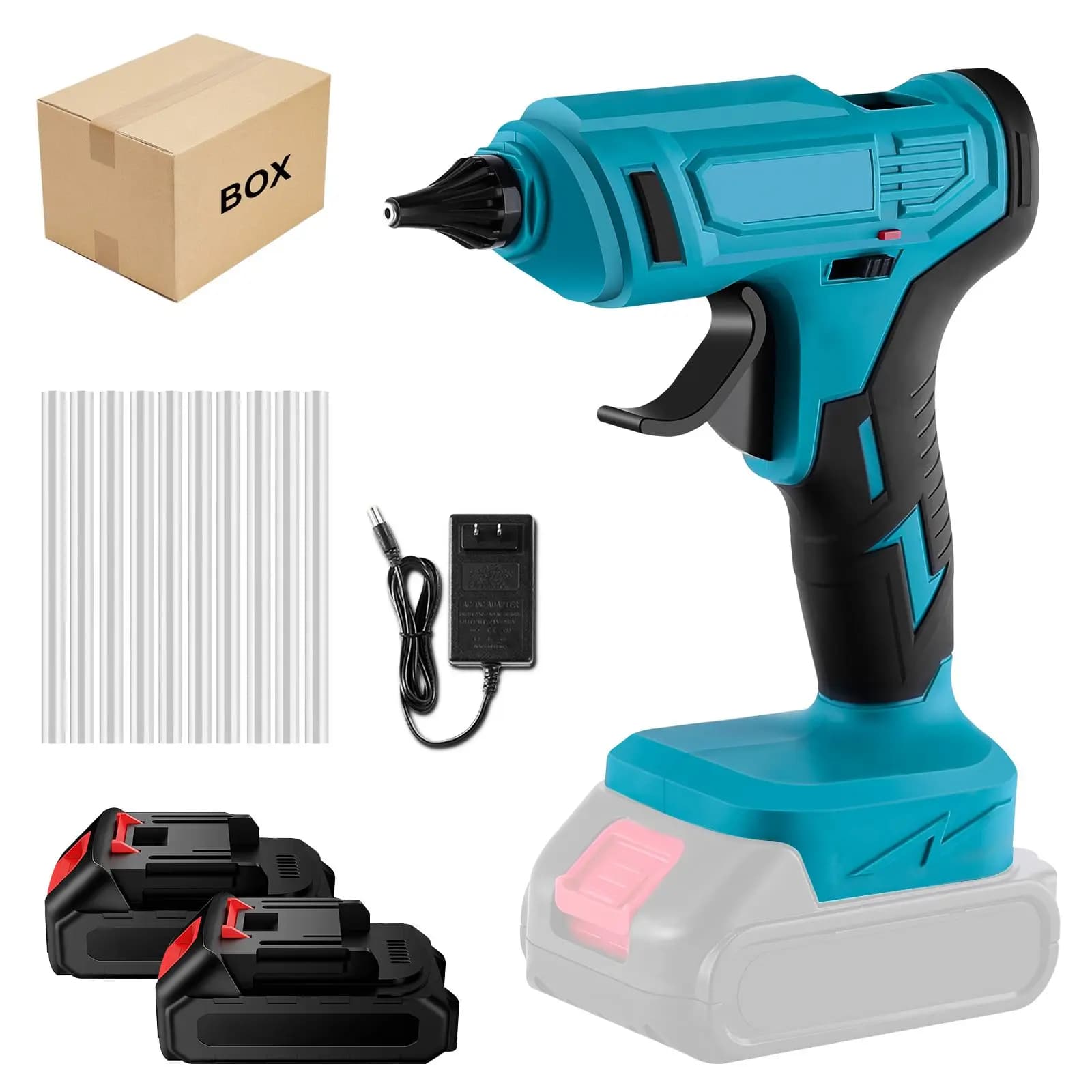 Pistola de pegamento inalámbrica de 18 V y 100 W, pistola de pegamento termofusible de litio con 2 baterías y cargador, compatible con batería