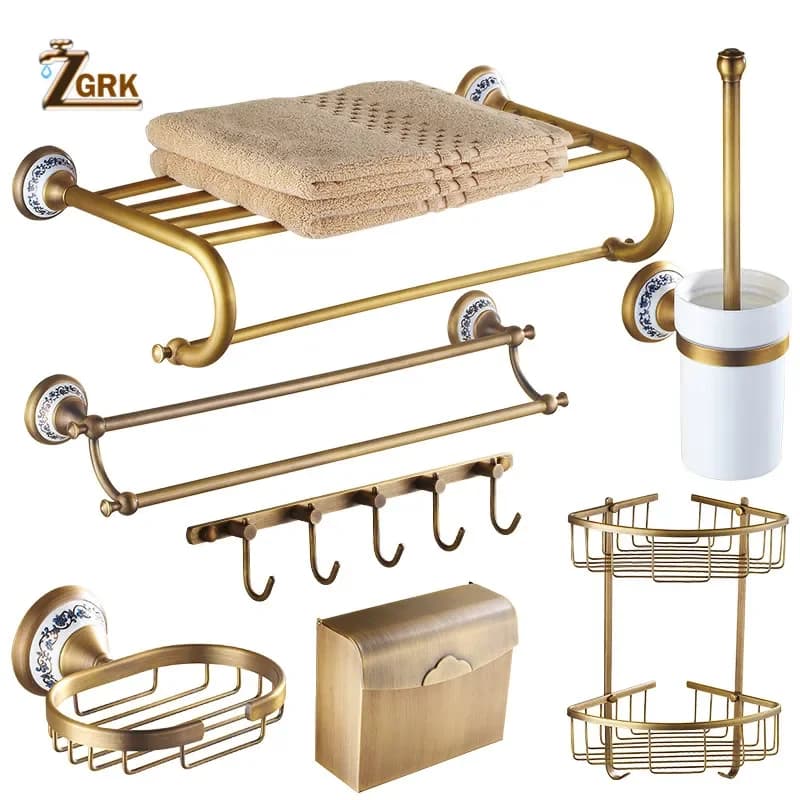 ZGRK-accesorios de baño antiguos, juego de herrajes de latón tallado, toallero montado en la pared, soporte de papel, gancho de tela, Kit de