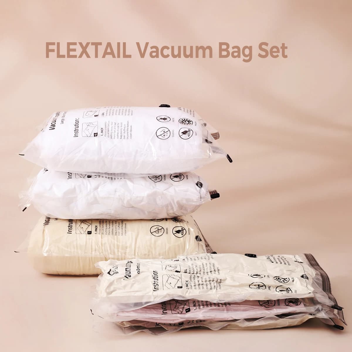 Juego de Bolsas de Vacío FLEXTAIL – 4 Bolsas Duraderas para Ahorrar Espacio para Ropa y Ropa de Cama (Se Requiere Bomba) – Ideal para Viajes y
