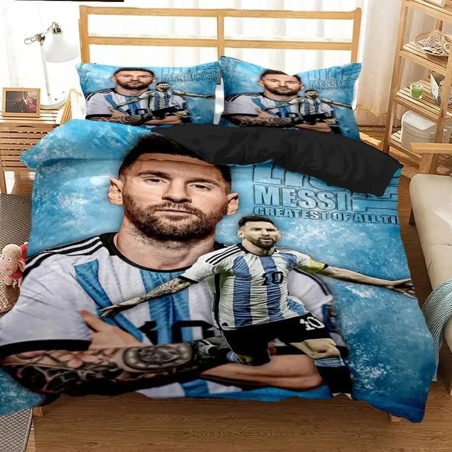 Juego de cama Messi Football Superstar con estampado 3D fc barcelona, funda nórdica, juego de cama suave King de tamaño completo para niño