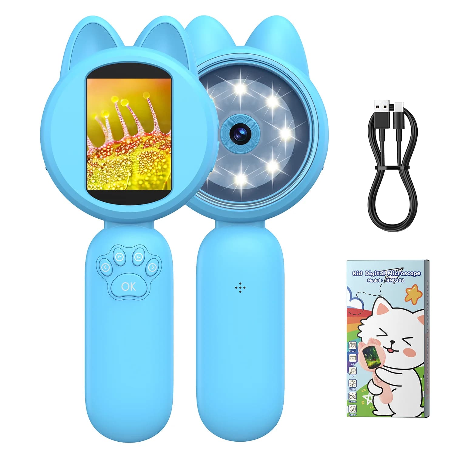 Microscopio digital IPS de 2 pulgadas, microscopio portátil 1000X para niños con microscopio de monedas de 8 LED para exteriores para plantas,