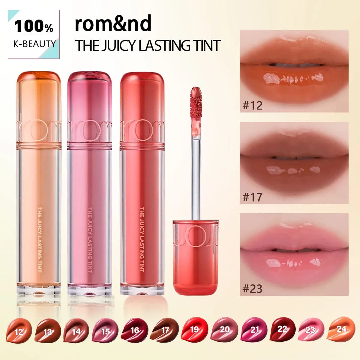 rom&nd THE JUICY LASTING TINT - 12 Tonos, Ligero e Hidratante, Tinte Labial, Brillo Labial, Maquillaje de Lujo, Cosmético Coreano, Maquillaje Coreano