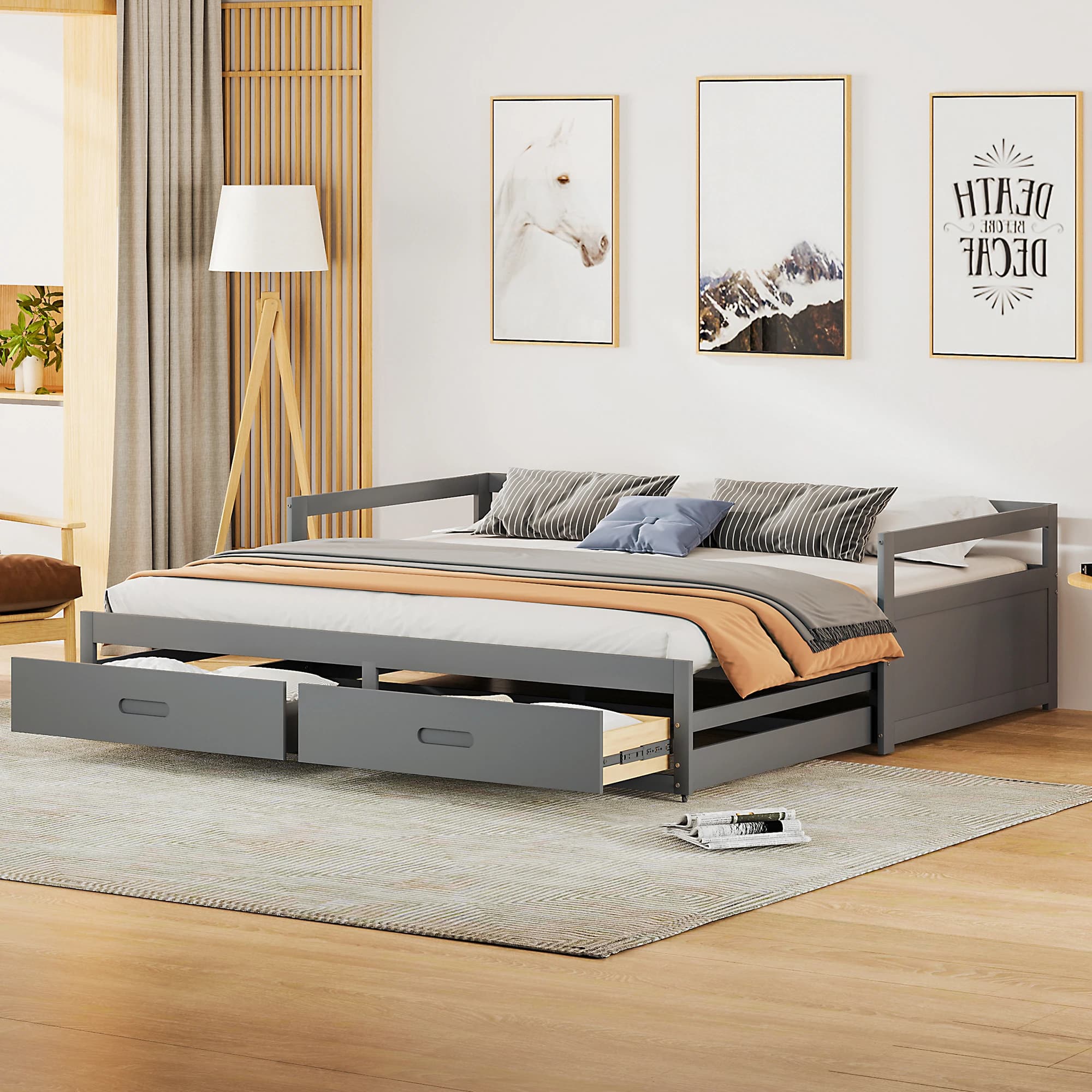 Cama Gigogne 90 × 200 cm, Cama Individual con 2 Cajones, Extensible 180 × 200 cm, sin Colchón, de Madera, Gris
