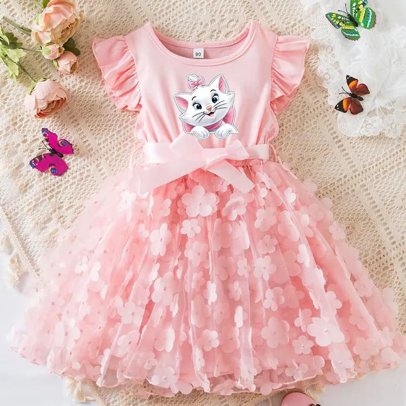 Vestido de verano para niñas Marie Cat, vestido tutú con lazo de dibujos animados, mariposa 3D, bonito vestido informal de fiesta de algodón para