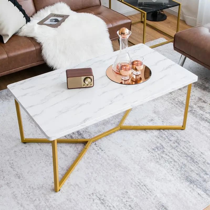 Mesa de Centro de Imitación Mármol Blanco con Marco Metálico con Acabado Dorado