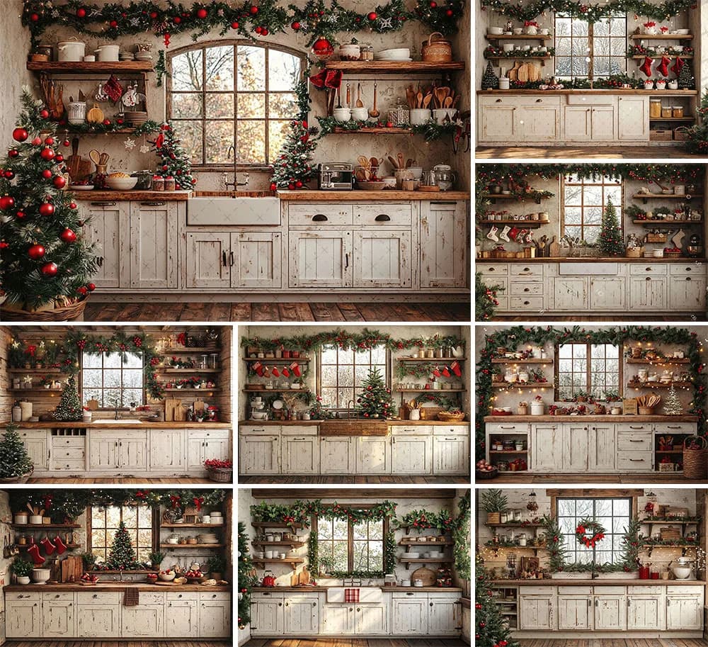 Fondo de fotografía Mehofond invierno Navidad gabinetes de cocina ventana Navidad niños retrato familiar decoración telón de fondo estudio