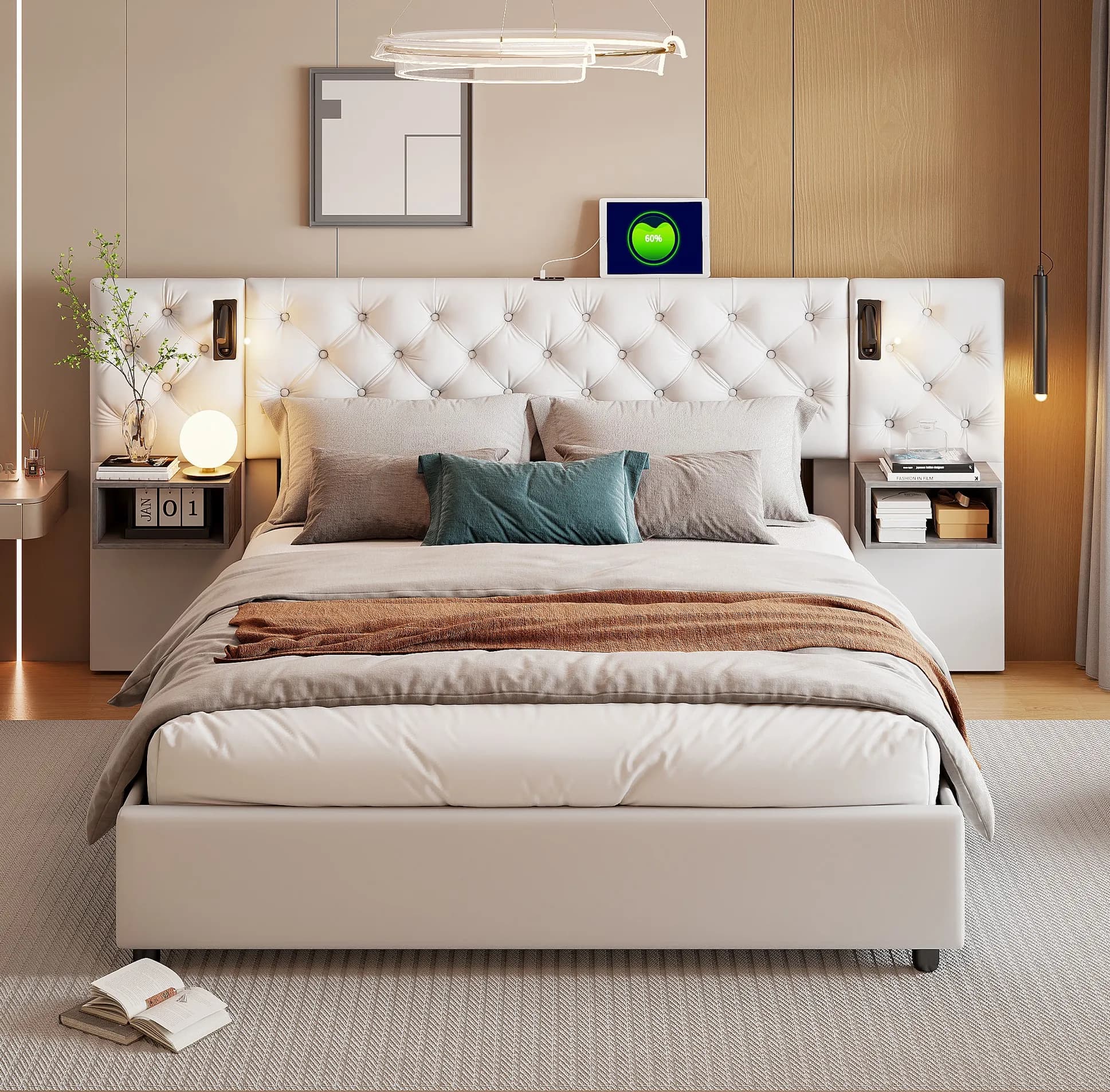 Cama tapizada Rosahqnda, cama doble, 160x200 cm, con 2 mesitas de noche, con LED y USB, cama con almacenamiento hidráulico, color beige terciopelo