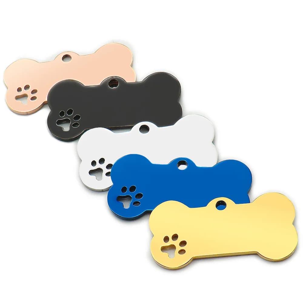 Venta al por mayor, 20 piezas, Collar personalizado, etiqueta de identificación de mascota de hueso inoxidable grabada, nombre de identificación de