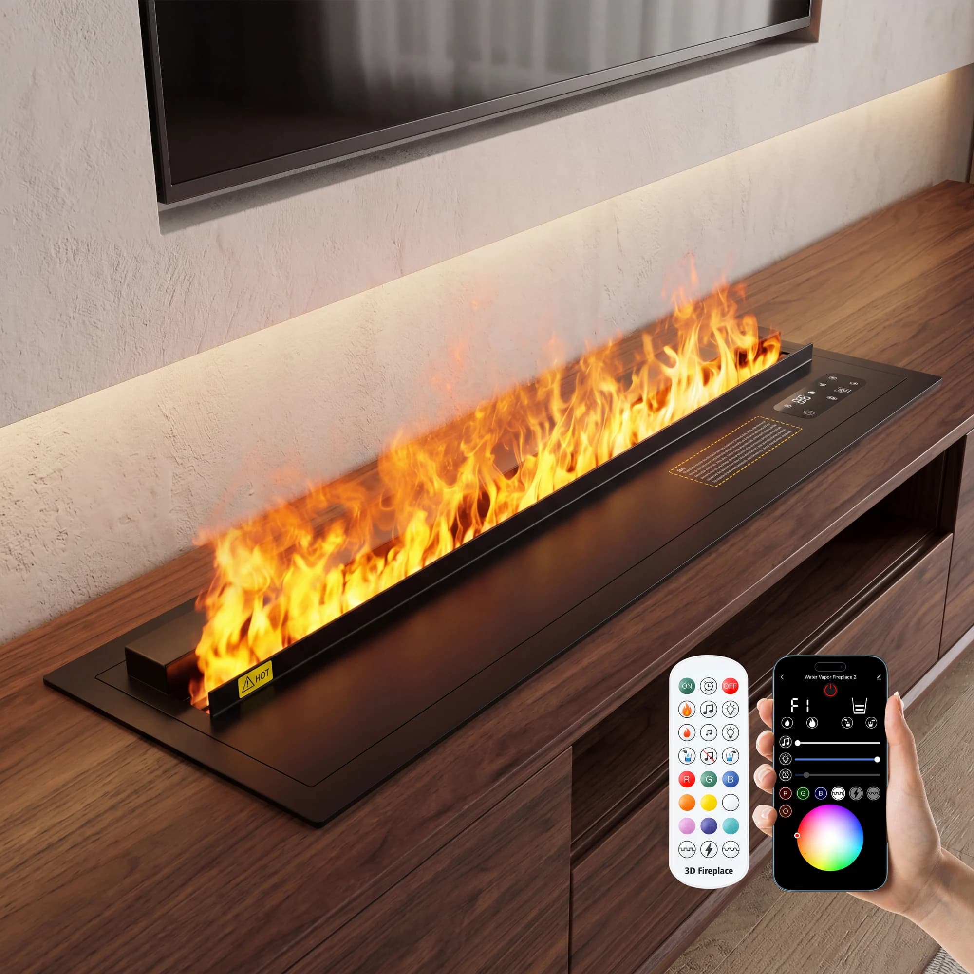 Chimenea Eléctrica con Efecto de Agua 3D, Chimenea Empotrada con Llama Realista, Control Remoto, Aplicación, Decoración de Interiores, Chimenea de