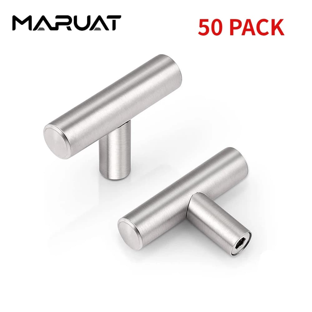 MARUAT Paquete de 2-50 Manijas de Estilo Europeo en Forma de T con un Solo Orificio, Acabado Níquel Cepillado, Perillas de Acero Inoxidable para
