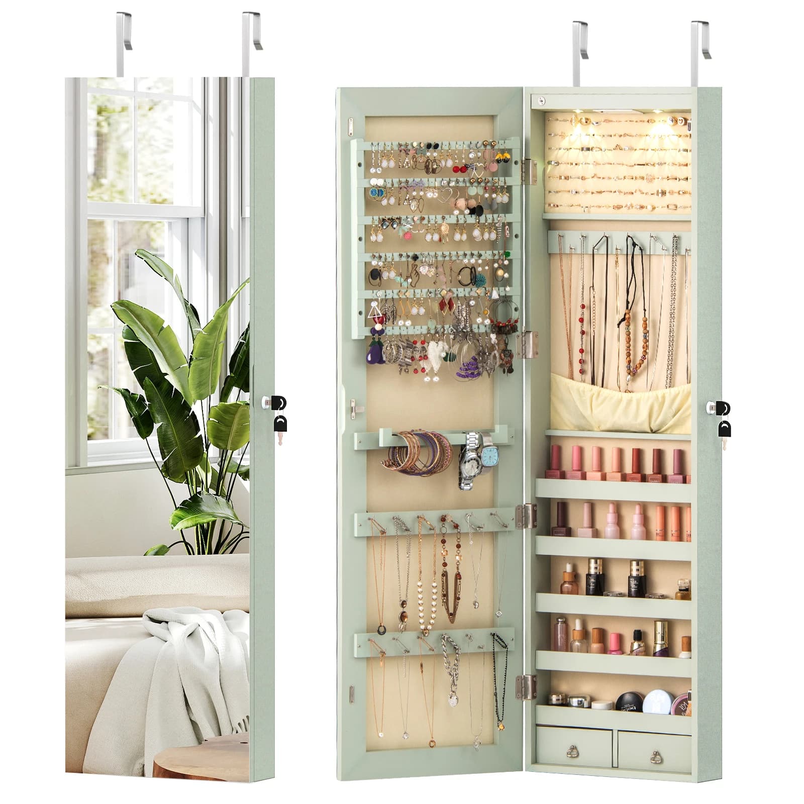 Armario para Joyas con Espejo LED, con Cerradura y Llaves, Armario con Espejo de Pared, Almacenamiento Colgante para Joyas, 120 x 35.5 x 10 cm