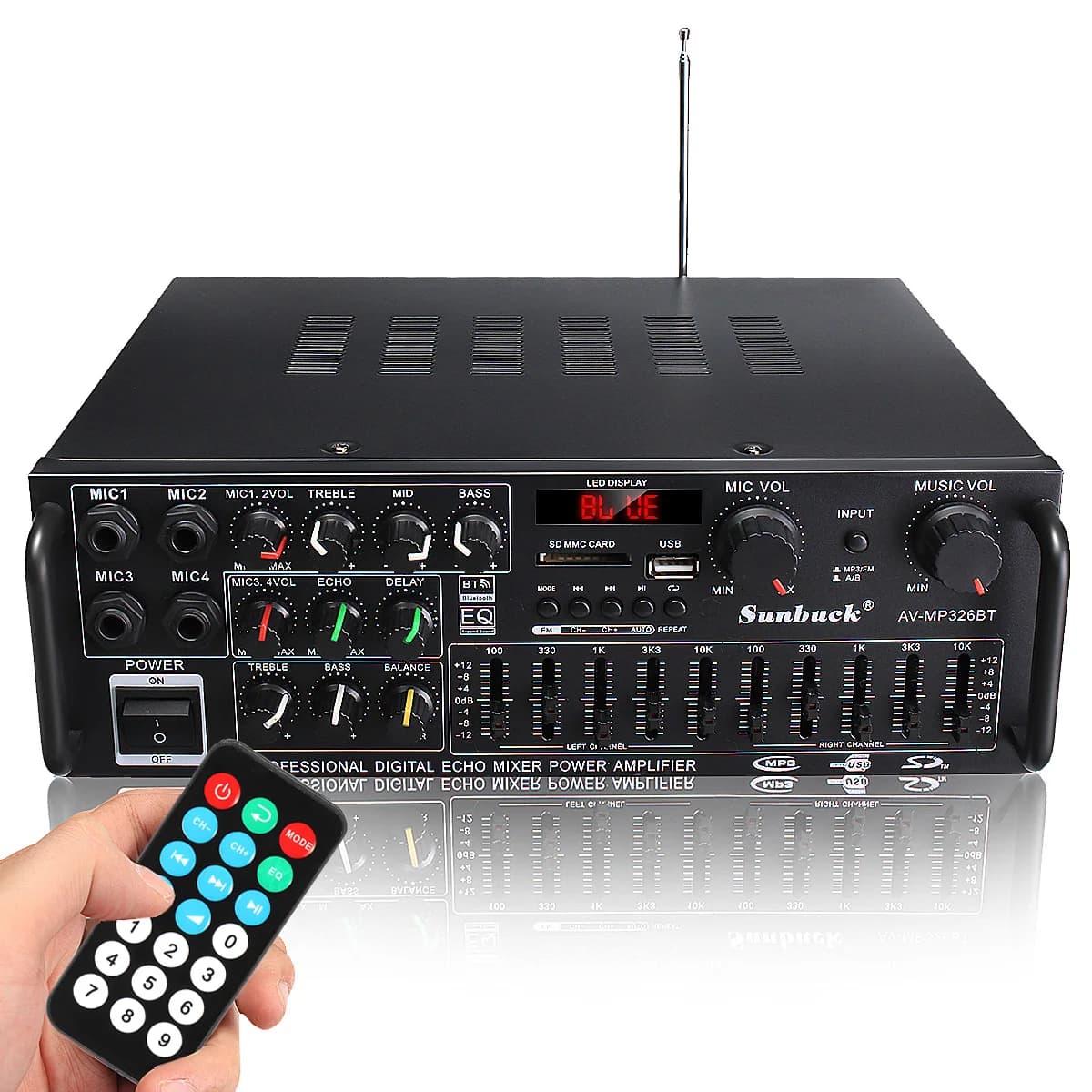 Amplificador de Audio HiFi de 2 Canales con Bluetooth 5.0 de 200W, 326BT, 12V/220V, con Control Remoto y 4 Entradas de Micrófono para Auto y Hogar