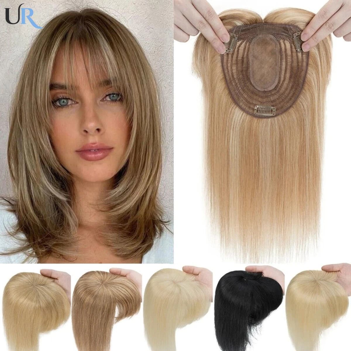 Adorno de cabello humano para mujer, adornos con flequillo, Clips en postizos, pelucas de cabello humano 100%, cabello liso Natural, Base de seda