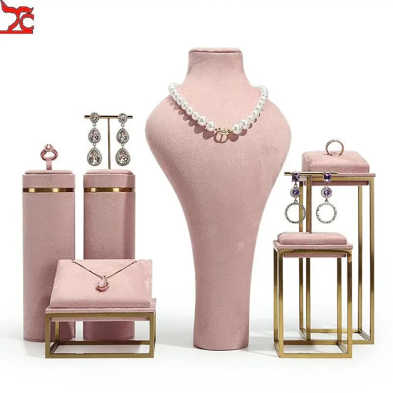 Soporte para presentación de joyería de terciopelo rosa, estante de Metal, exposición de joyería, pendientes, collares, conjunto de accesorios de