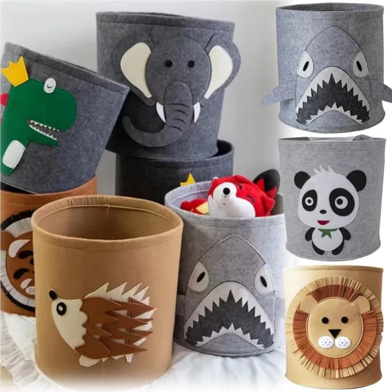 Adorable contenedor de almacenamiento de fieltro de animales de dibujos animados, organizador de juguetes para niños, cesta de lavandería de gran