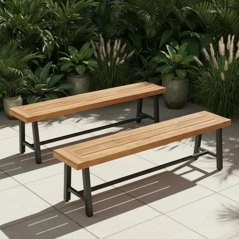 Banco de patio de madera de acacia sin respaldo para 3 personas, 63 pulgadas, juego de 2