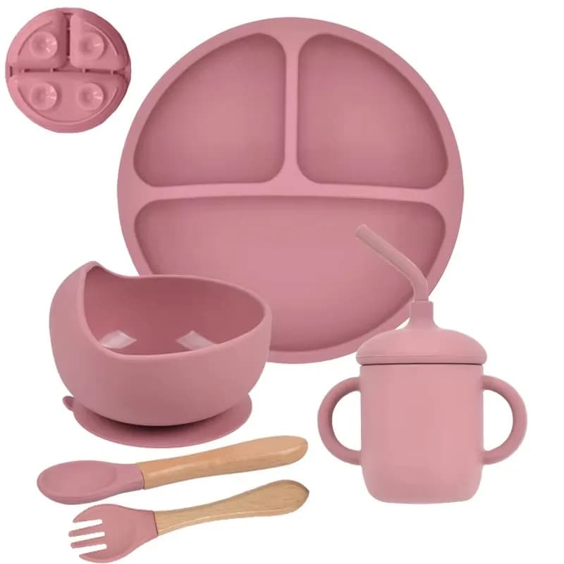 Juego de 5 unidades de vajilla de silicona suave para bebé, plato de alimentación para chico, plato con ventosa, cuenco, cuchara, tenedor, platos