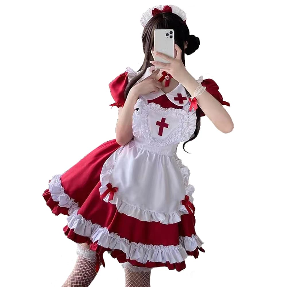 Traje de sirvienta japonesa para mujer, vestido de sirvienta de talla grande, vestido de Lolita rojo y negro en forma de cruz, disfraz de enfermera