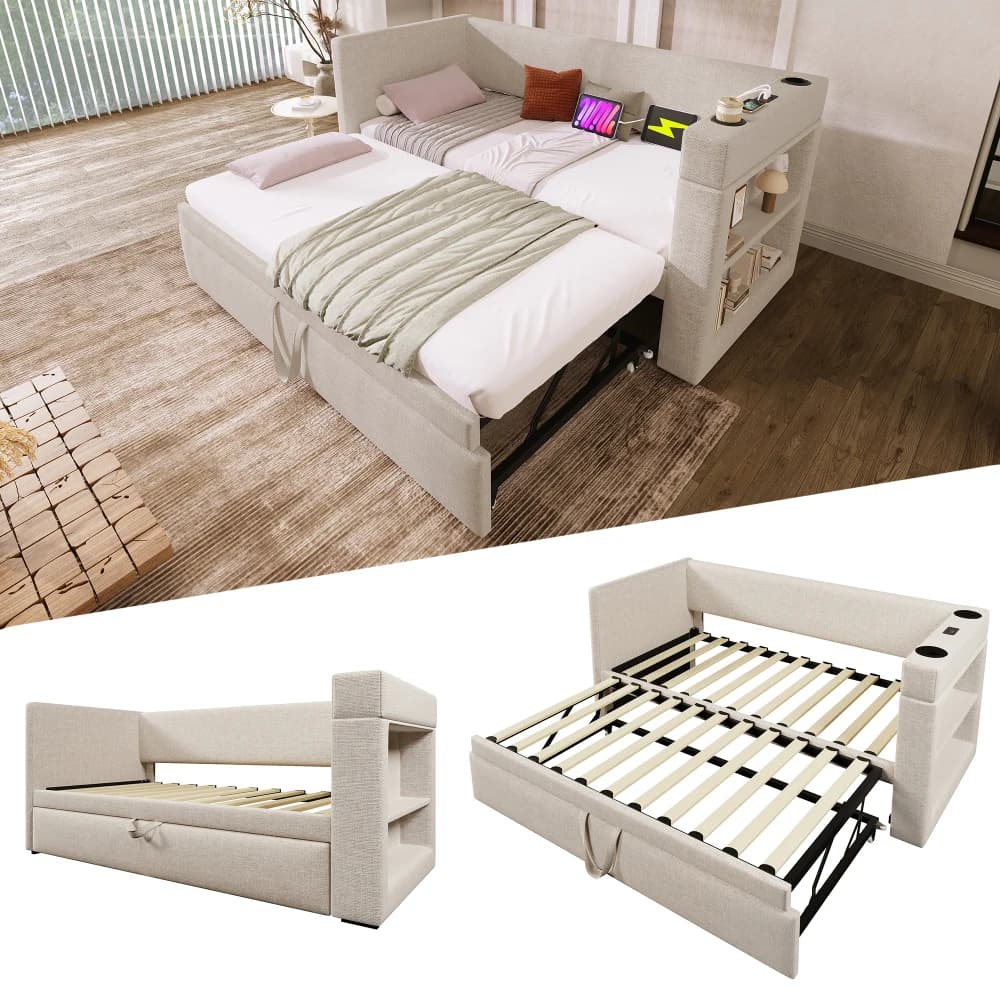 Sofá cama tapizado, con cama extraíble, reposabrazos con puerto de carga USB y tipo C y portavasos, de lino (sin colchón)
