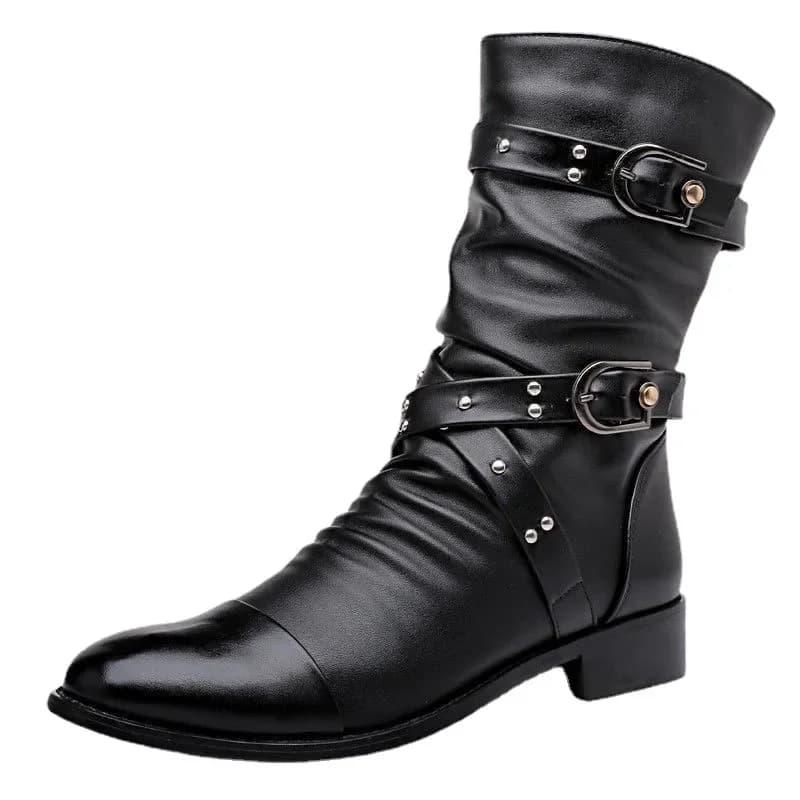 Botas de tubo medio de cuero de alta calidad para hombre, zapatos clásicos de moda para Otoño e Invierno, zapatos Punk Rock negros, informales para
